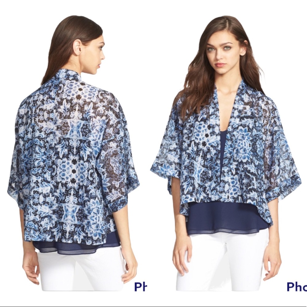 Chelsea28 Kimono Jacket L Black Blue Floral Print Chiffon Topper Overshirt Light